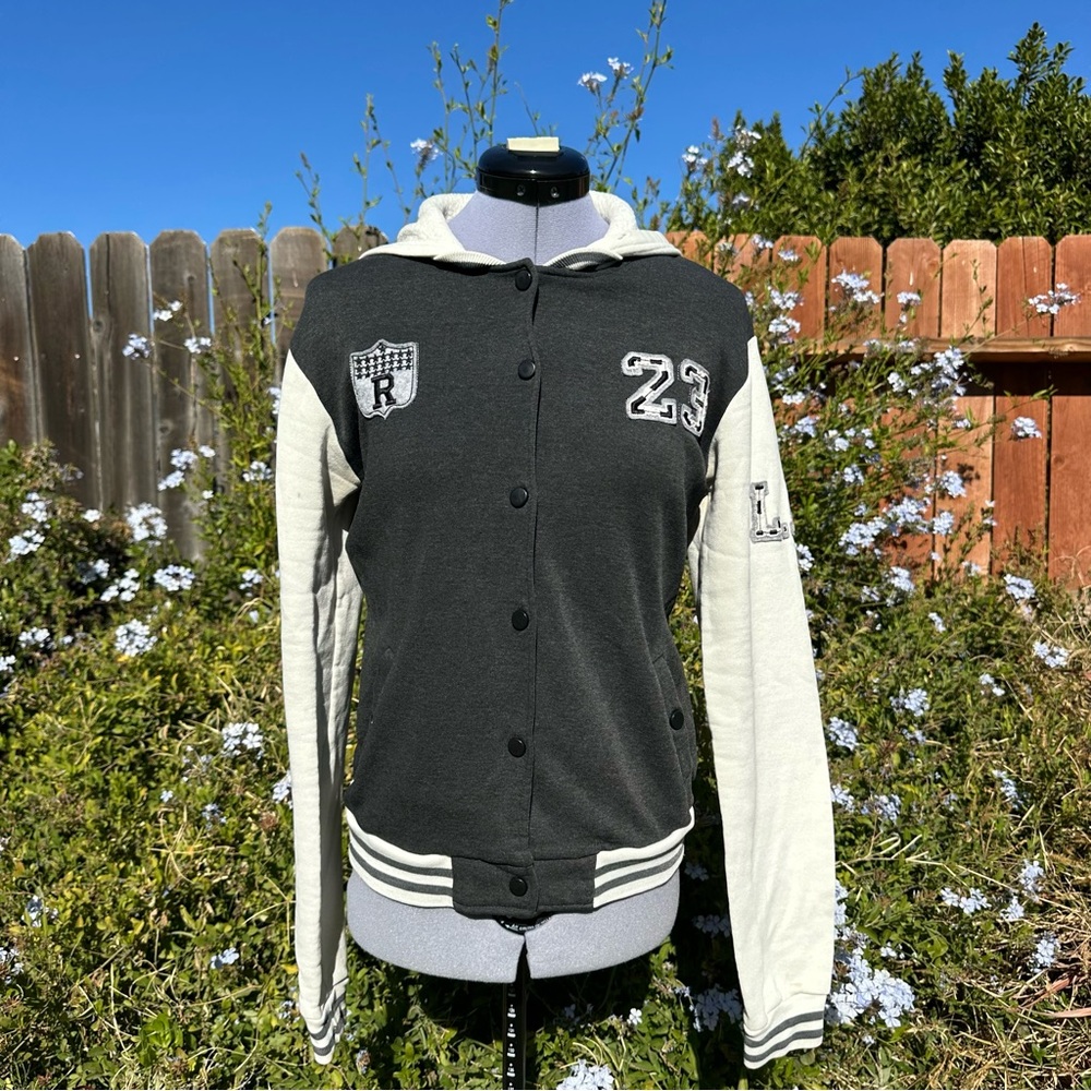 Aviva Junior’s Size Large Black, Grey and White Varsity Snap Button Jacket